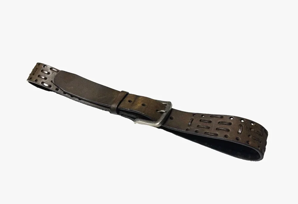 Vintage Mens Full Grain Leather Belt Size M 34 / 36 Brown Woven Detail Genuine